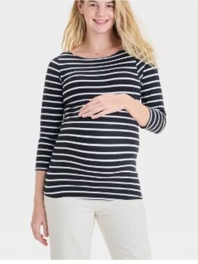 Isabel Maternity Striped Black and White Maternity‎ Boatneck Top S